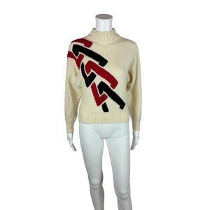 Vintage 80s Wool Sweater Women's Medium Angora Geometric Red Black Cream